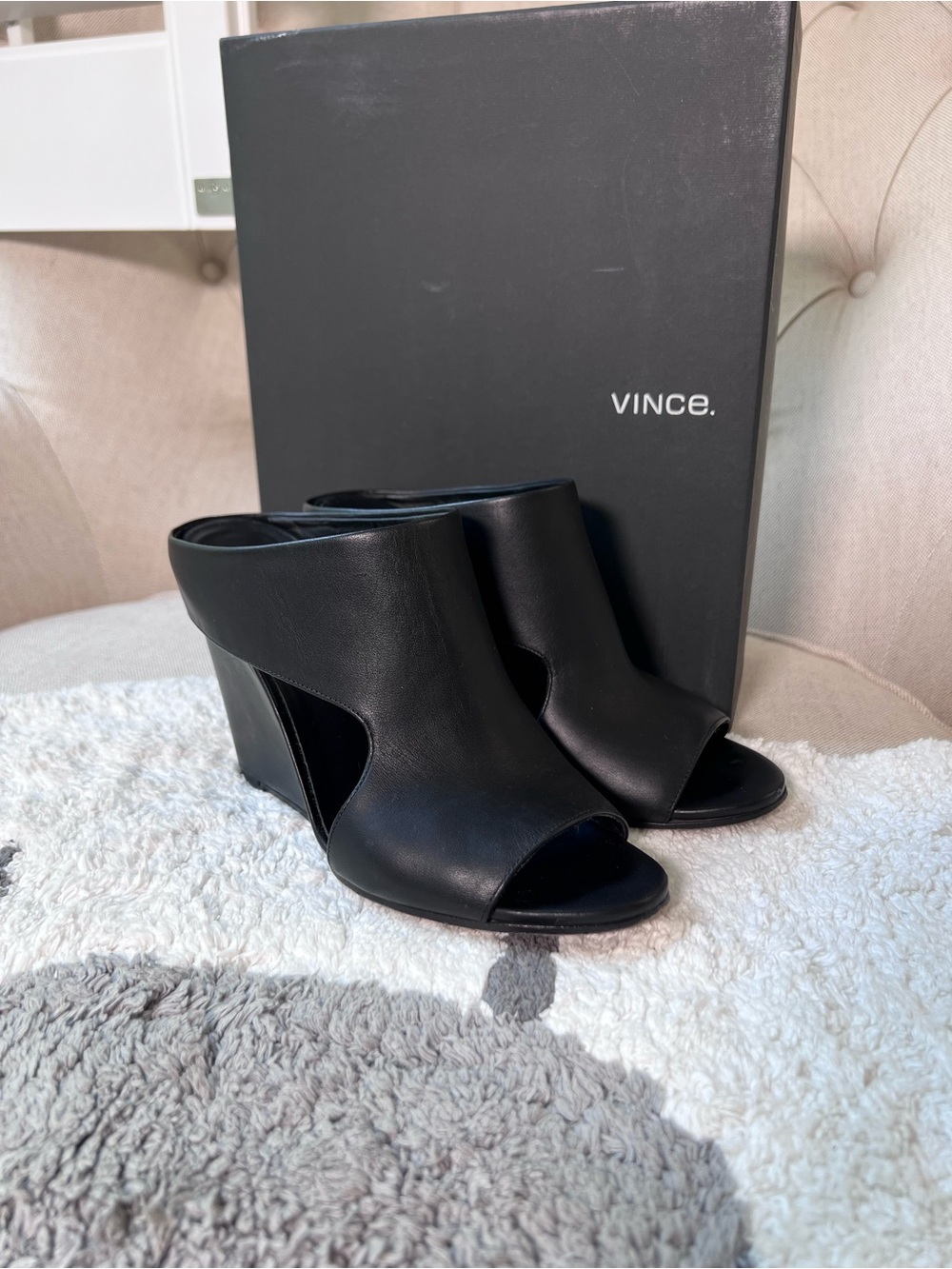Vince Black Leather Peep-Toe Wedge Mules